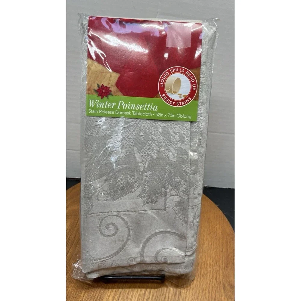 Winter Poinsettia Stain Release Damask Tablecloth Oblong 52in x 70in Holiday
